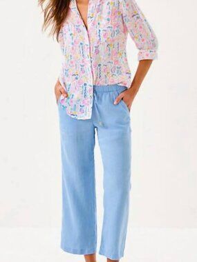Lilly Pulitzer Brawley Linen Wide Leg Pants XL Blue Resort Coastal Preppy